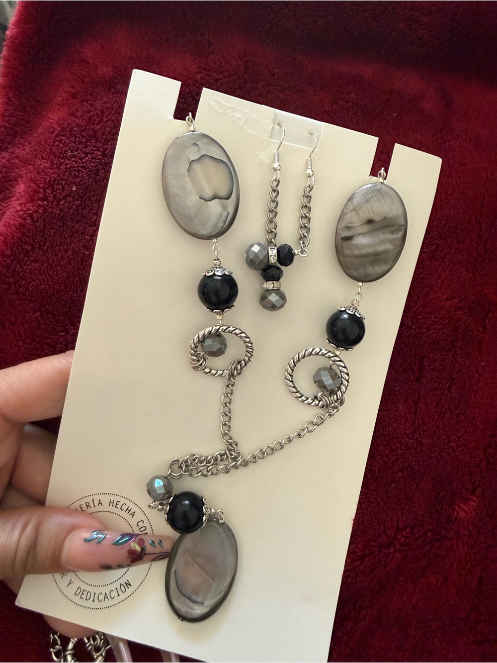 Handmade Gray and Black Beaded Necklace & Earrings Set